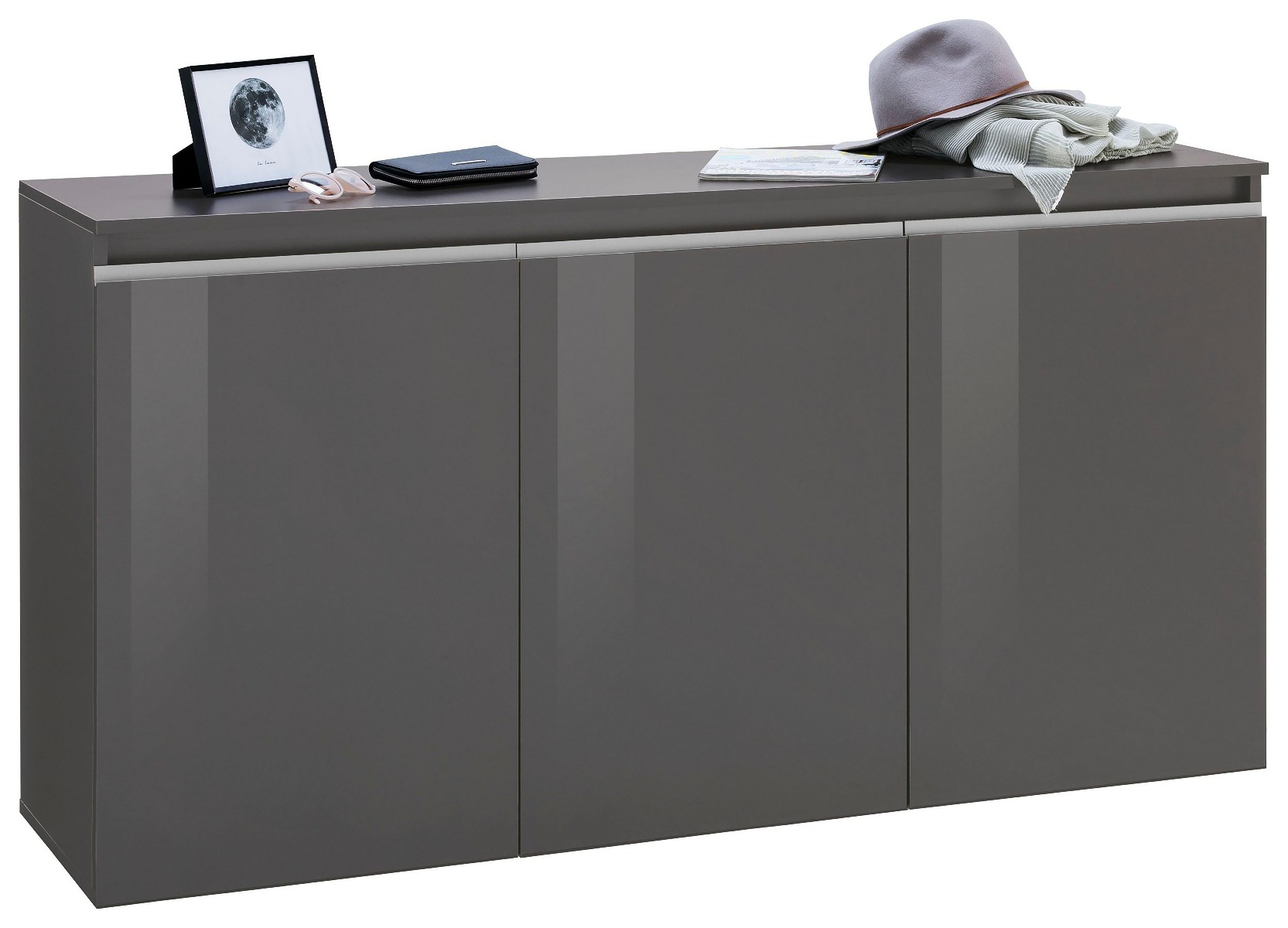 Madia moderna 3 ante, finitura Antracite laccato lucido, maniglie a gola