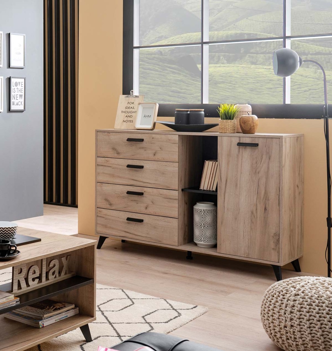 Madia moderna 4 cassetti e un'anta, Rovere grigio e Nero