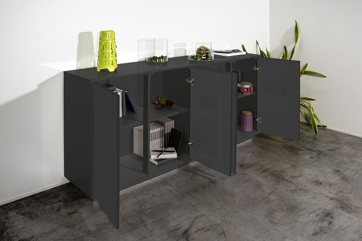 Credenza in appoggio in finitura antracite lucida con quattro ante