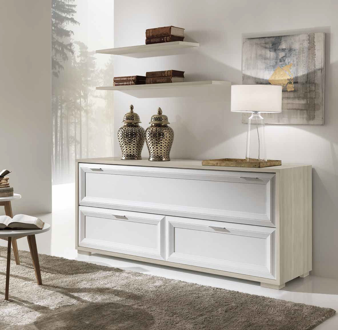 Credenza classica Bianco Frassinato e Olmo chiaro con ribalta e 2 cassetti