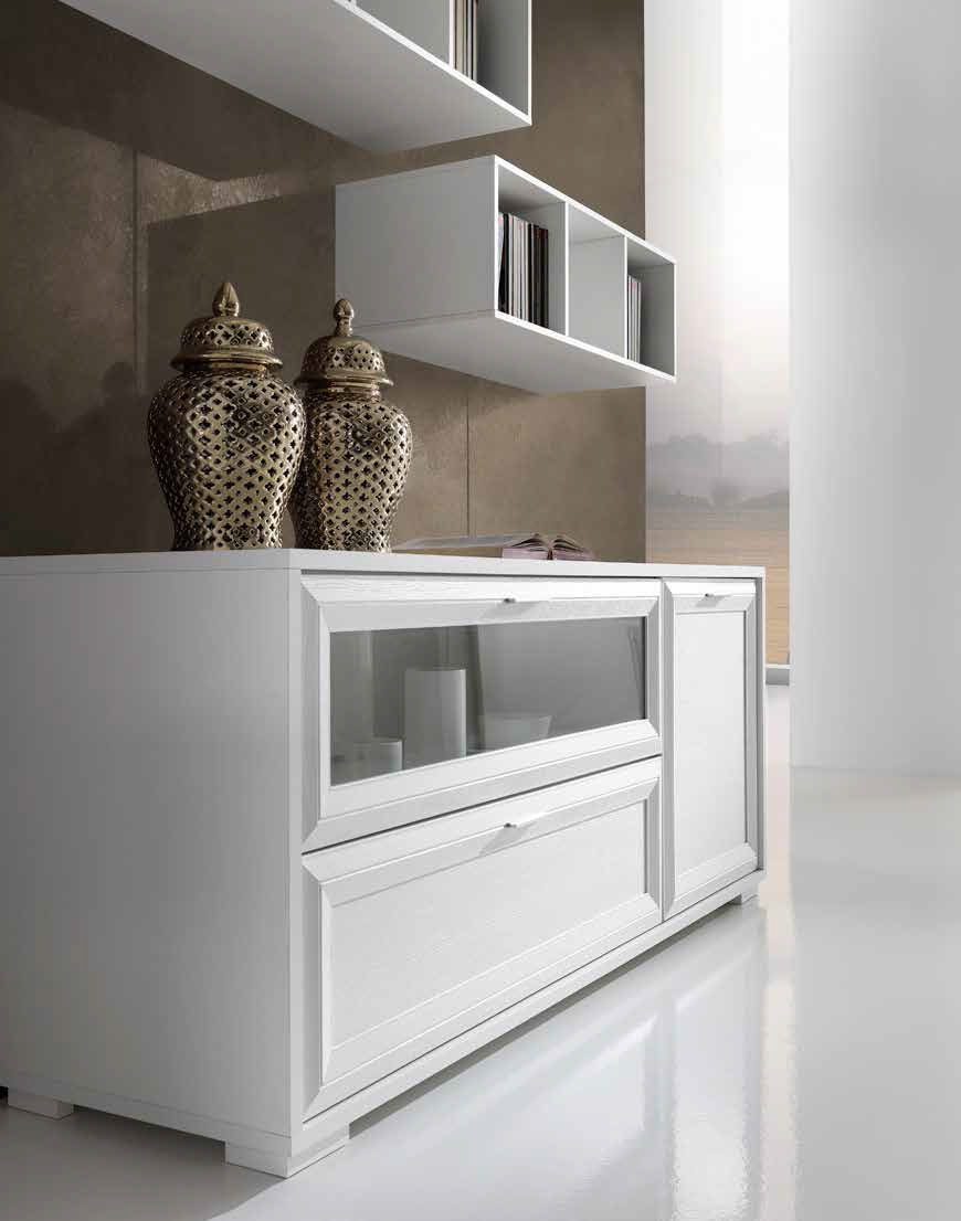 Credenza salvaspazio classica Bianco Frassinato con anta, cassettone e ribalta in vetro