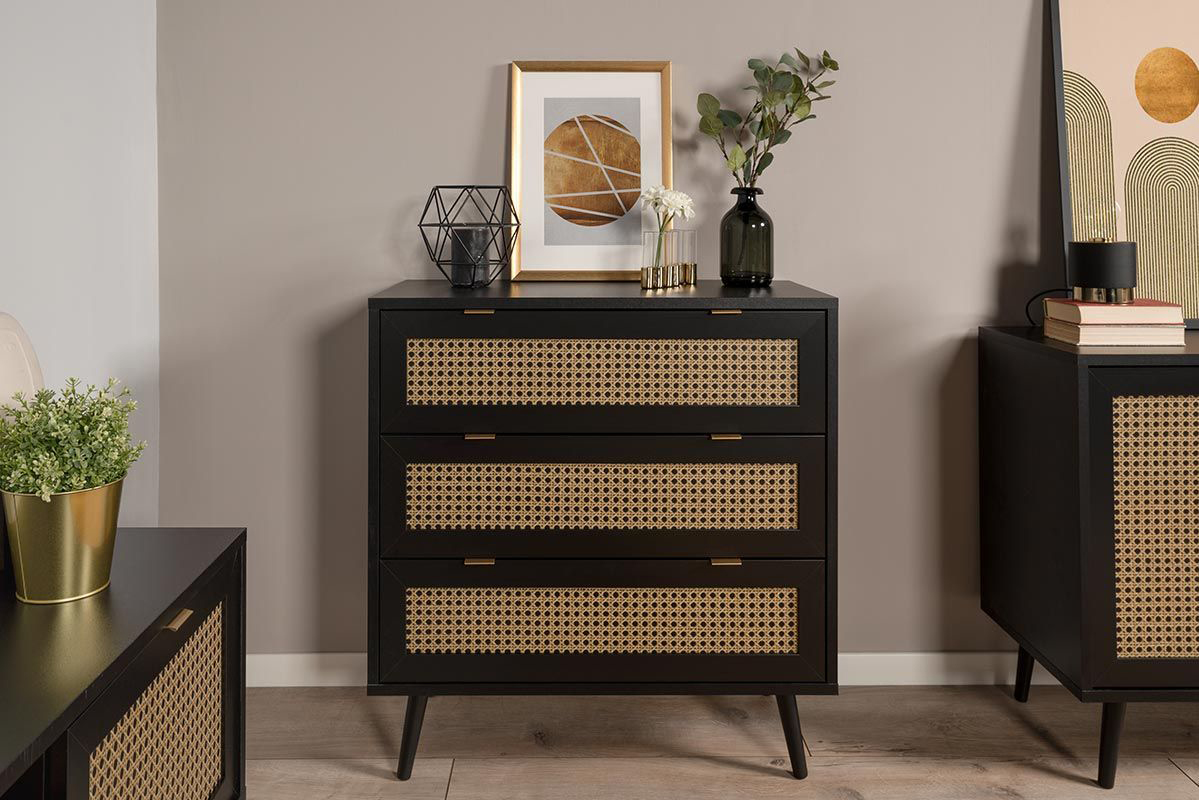 Madia moderna Arendal con 3 cassetti in finitura Nero opaco con dettagli Oro