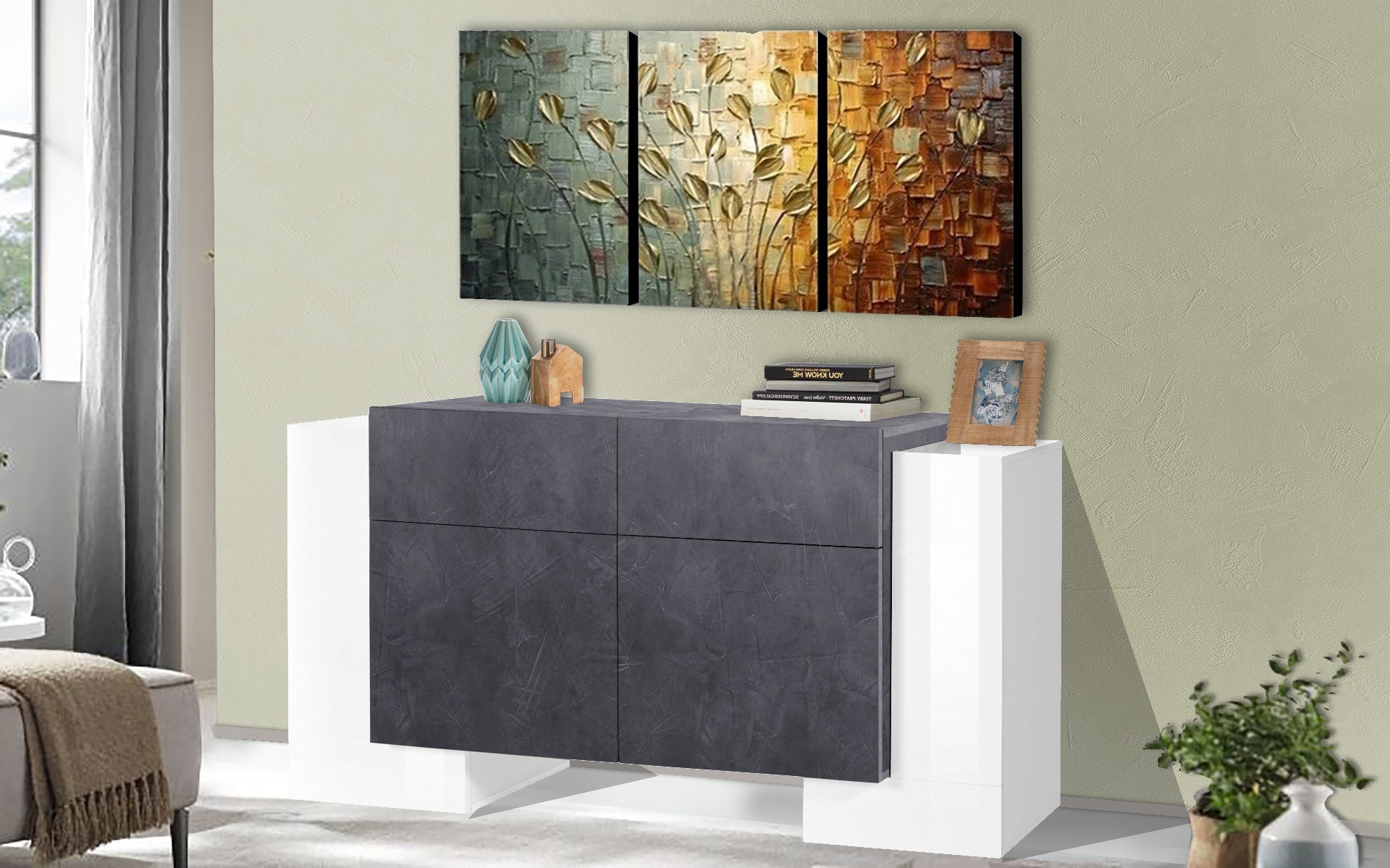 Credenza multiuso Bianca e Ardesia, 4 ante 2 cassetti, Bianco e Pero