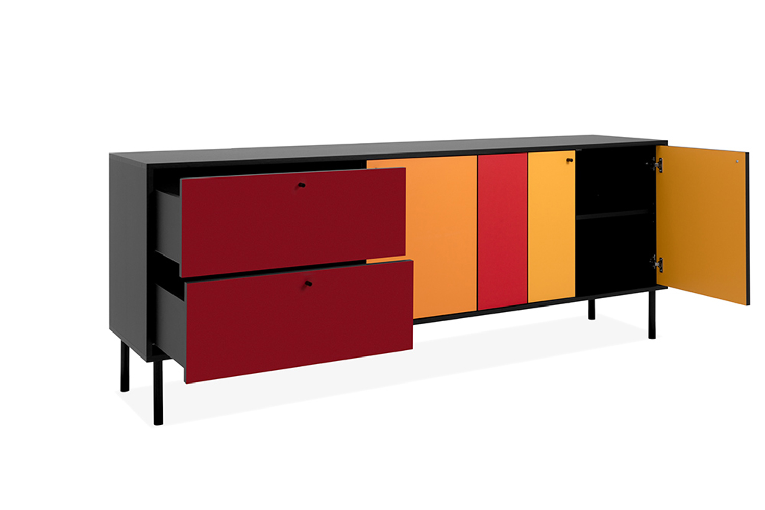 Madia credenza colorata, in finitura rossa e gialla con tre ante e due cassetti