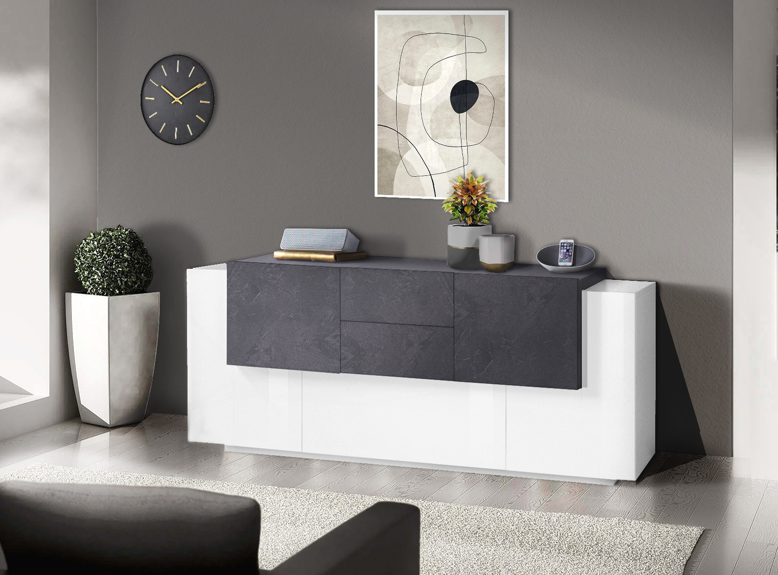 Credenza moderna L.220, Bianca e Ardesia con ante e cassetti