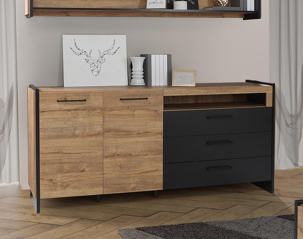 Credenza Rovere waterford e nero, 2 ante, 3 cassetti e vano a giorno