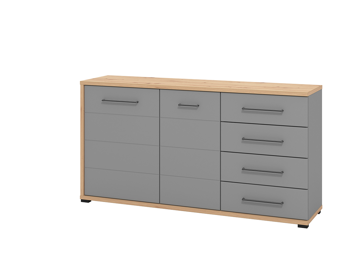 Credenza moderna 4 cassetti e 2 ante, Grigio grafite e Rovere