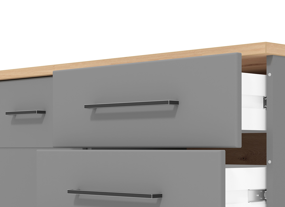 Credenza moderna 4 cassetti e 2 ante, Grigio grafite e Rovere