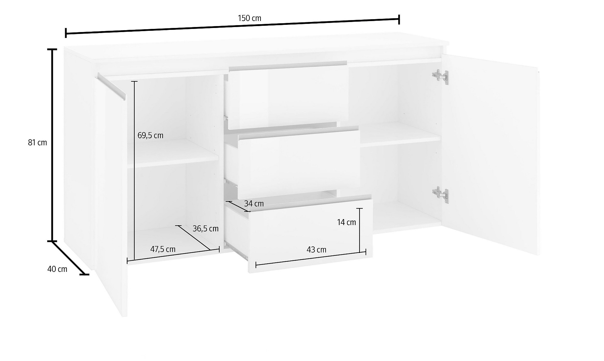 Madia moderna Bianco laccato lucido con maniglie a gola, 2 ante 3 cassetti