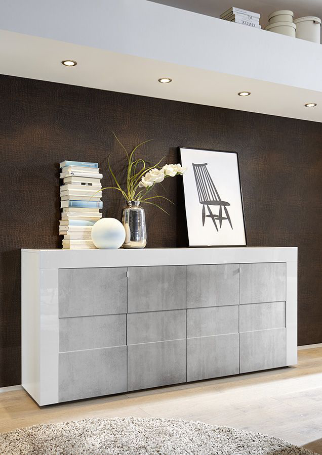 Offerta credenza Moderna, Madia di Design, 4 ante, Bianco Lucido con frontali Beton