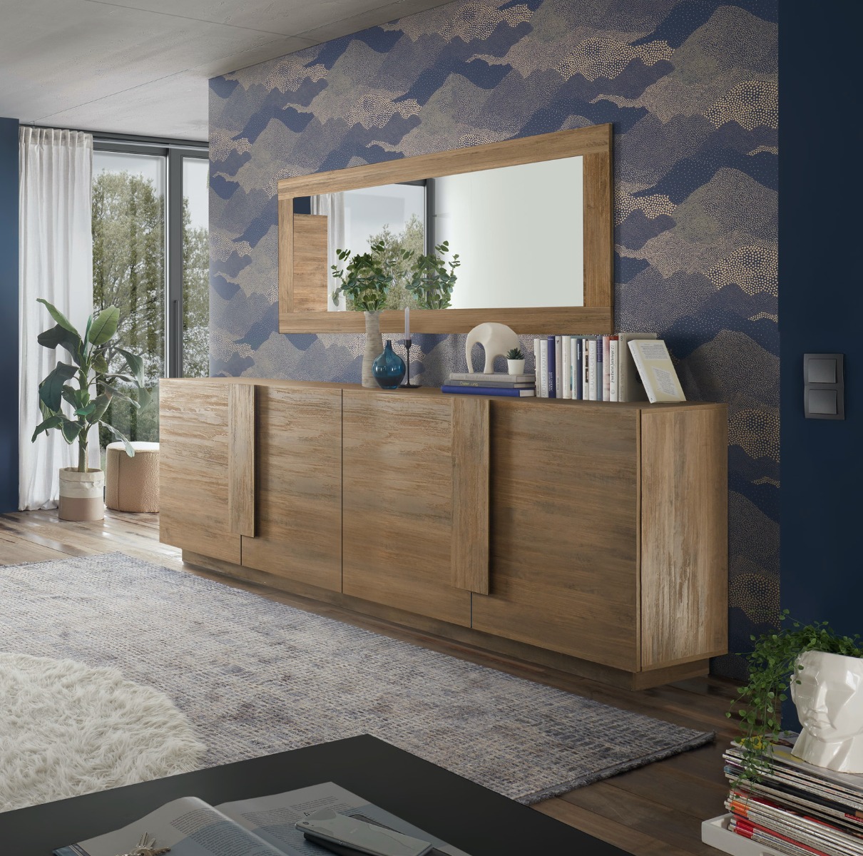 Offerta soggiorno moderno con tavolo, credenza e colonna in finitura Mercure