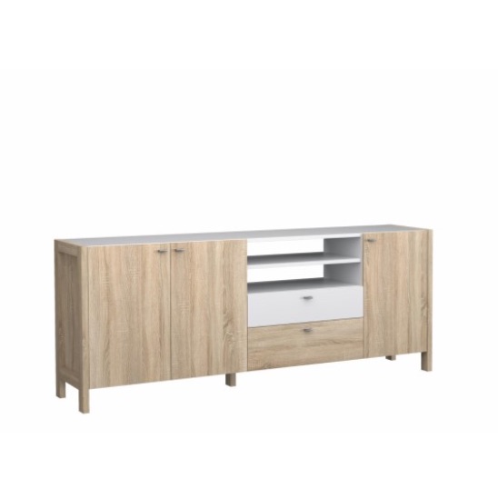 Mobile credenza con 3 ante, 2 cassetti e vano a giorno, Rovere sonoma e Bianco
