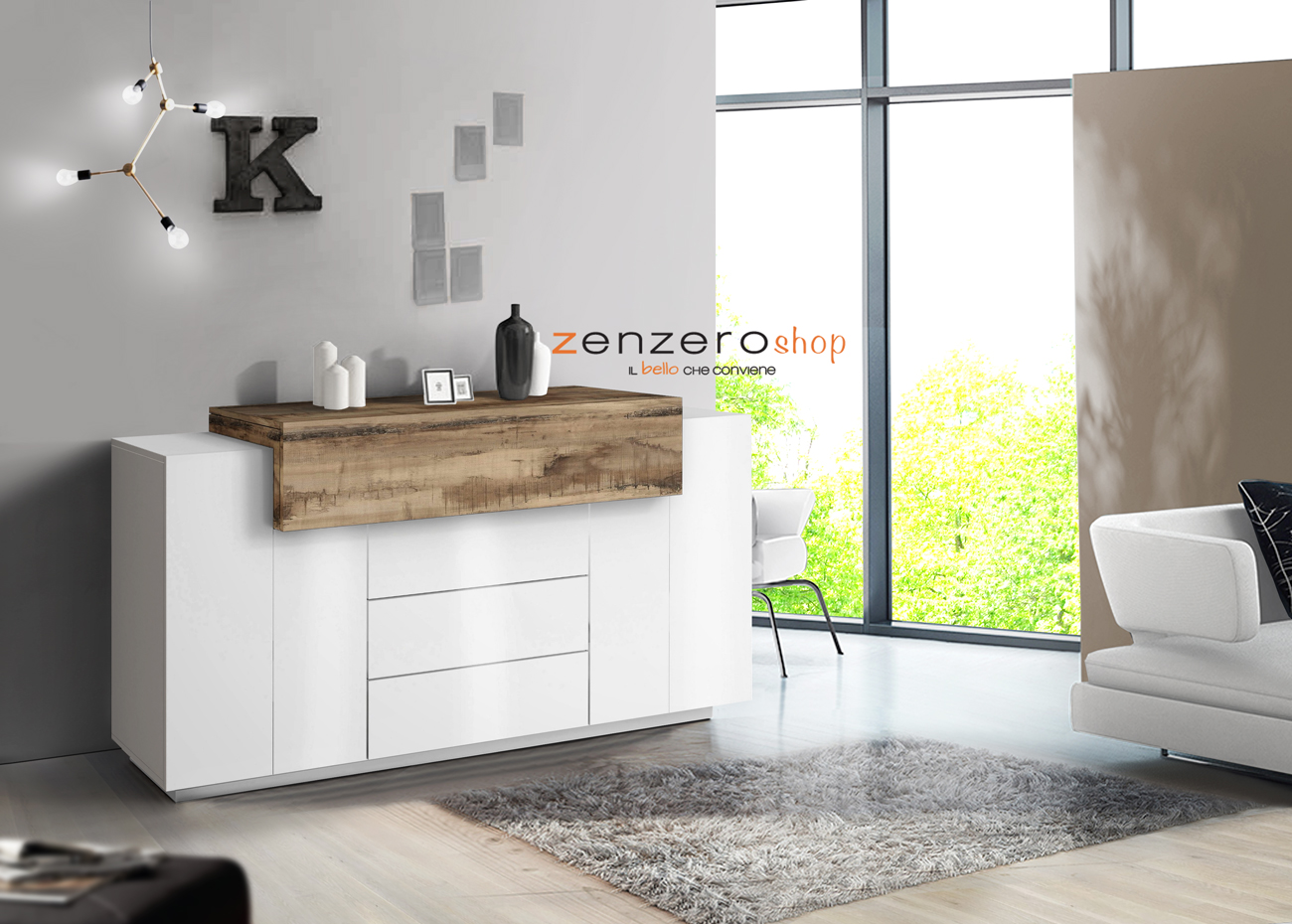 Credenza bianca e pero con 2 ante, 3 cassetti e una ribalta