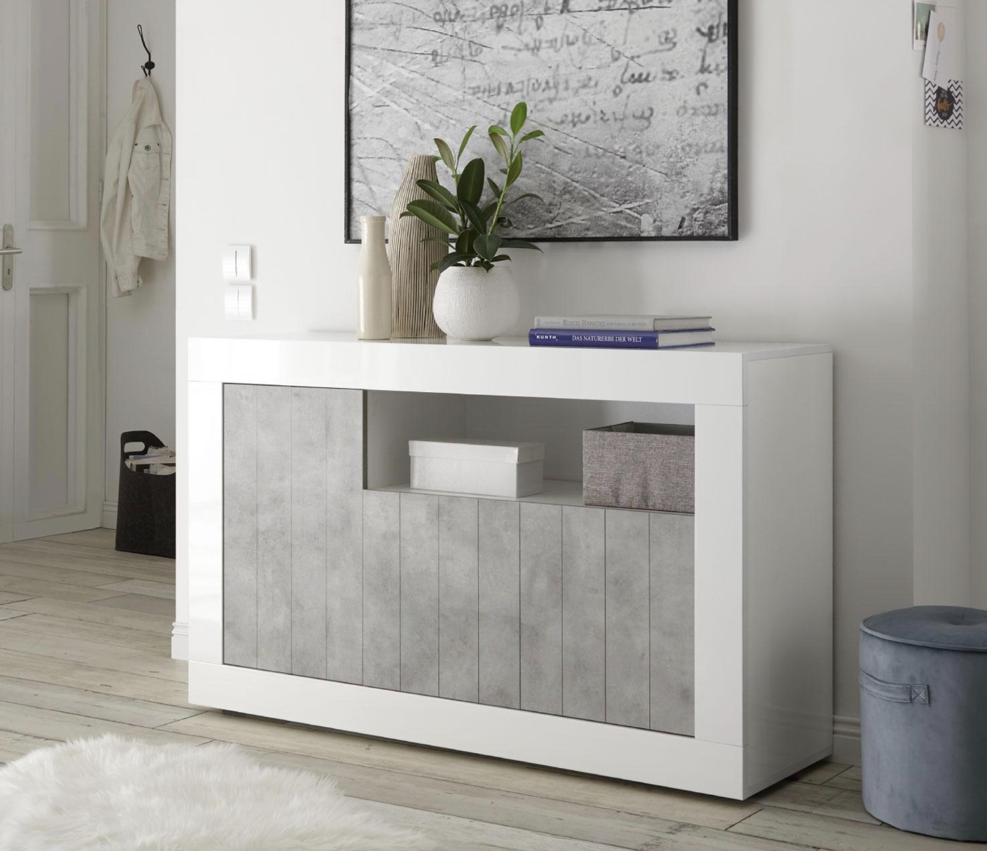 Madia moderna, 3 ante in finitura bianco lucido e cemento