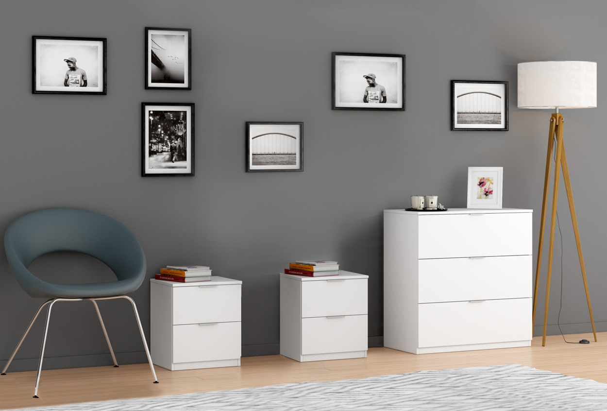 Set Composto da Comò e 2 Comodini, finitura bianco opaco