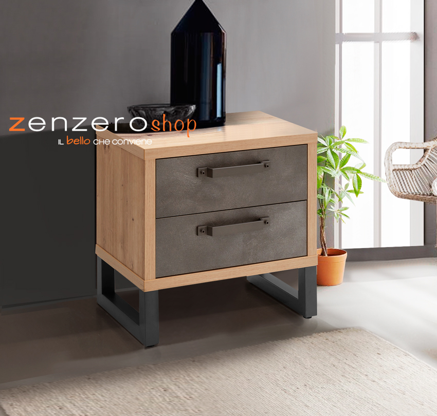 Comodino Industry con 2 cassetti in finitura Rovere e Grigio smoke