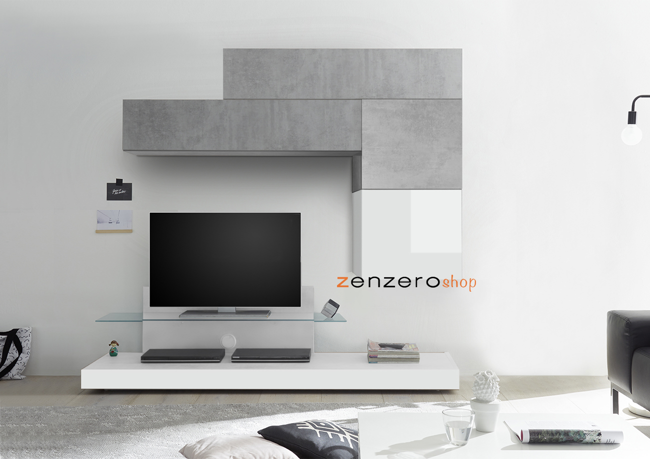 Parete attrezzata Porta TV, Pensili e Cubi, finitura Beton e Bianco Lucido