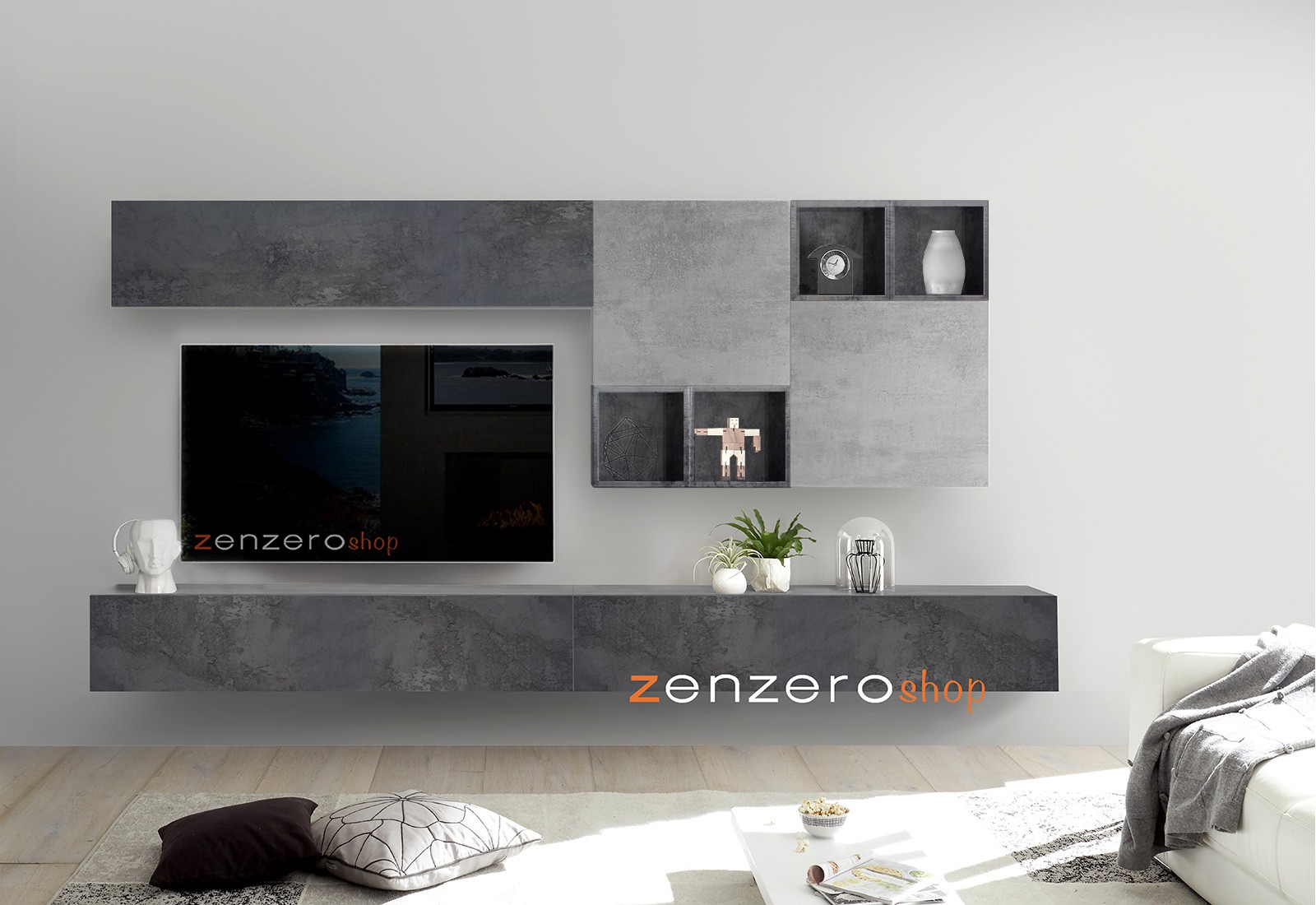 Soggiorno Zenzero, parete attrezzata con pensili vasistas e ribalta e cubi, finitura Ossido e Beton