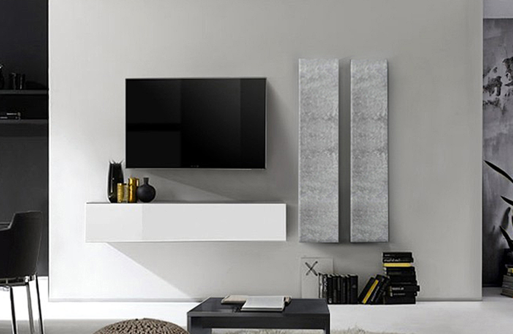 Soggiorno Zenzero, parete attrezzata moderna in laccato bianco e Beton