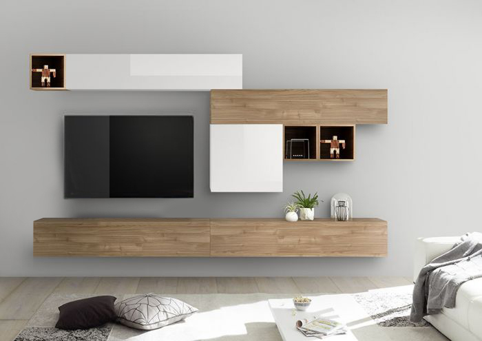 Parete attrezzata sospesa, Bianca Lucida, Cadiz e Noce Stelvio