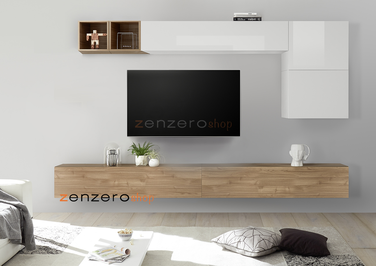 Parete attrezzata con 3 pensili orizzontali, 2 cubi e vani, Cadiz, Noce stelvio e Bianco Lucido