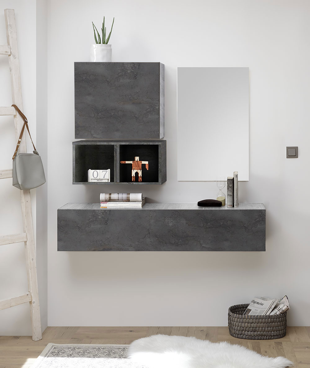 Moderna Composizione d'Ingresso, con pensili, vani e specchiera, finitura Ossido, Beton e Piombo