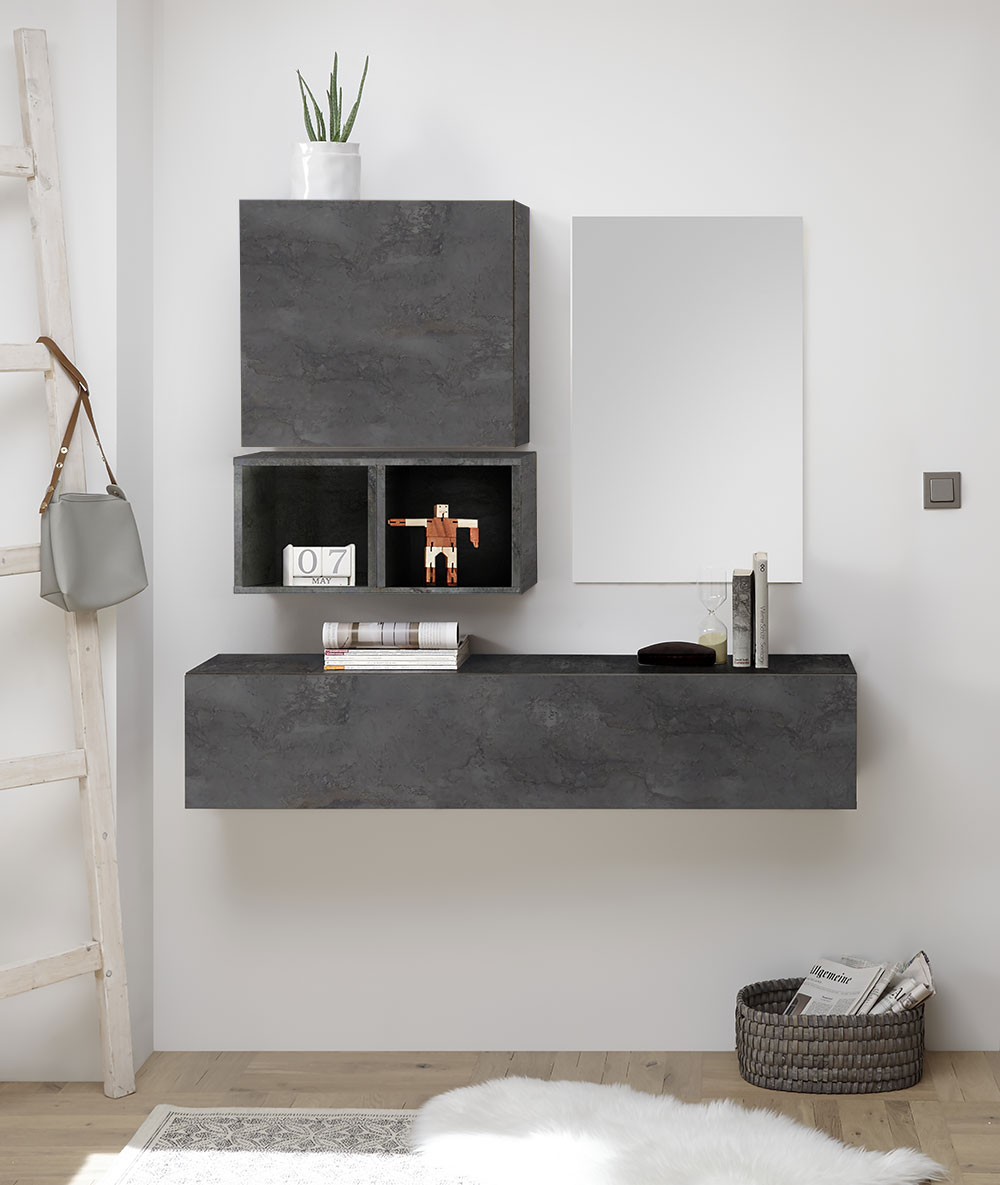 Moderna Composizione d'Ingresso, con pensili, vani e specchiera, finitura Piombo