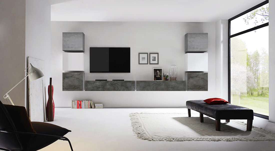 Parete attrezzata componibile con cubi e ribalte