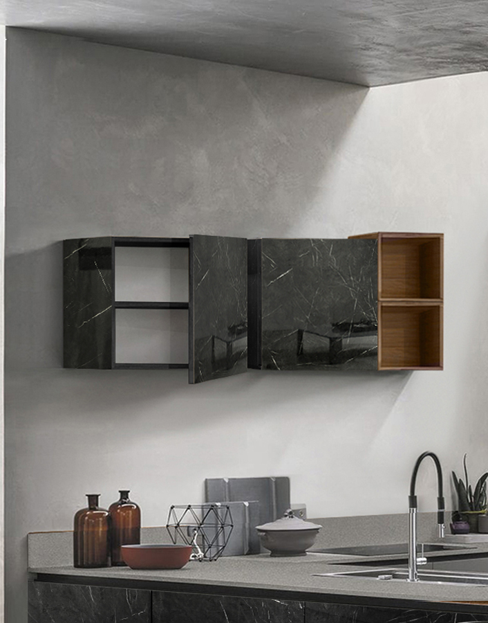 Pensile cubo per cucina sospeso, finitura Marmo nero lucido