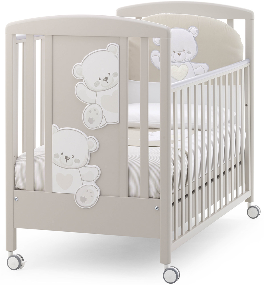 Culla Mr.Bear bianca e choco con ruote, decori con orsetti