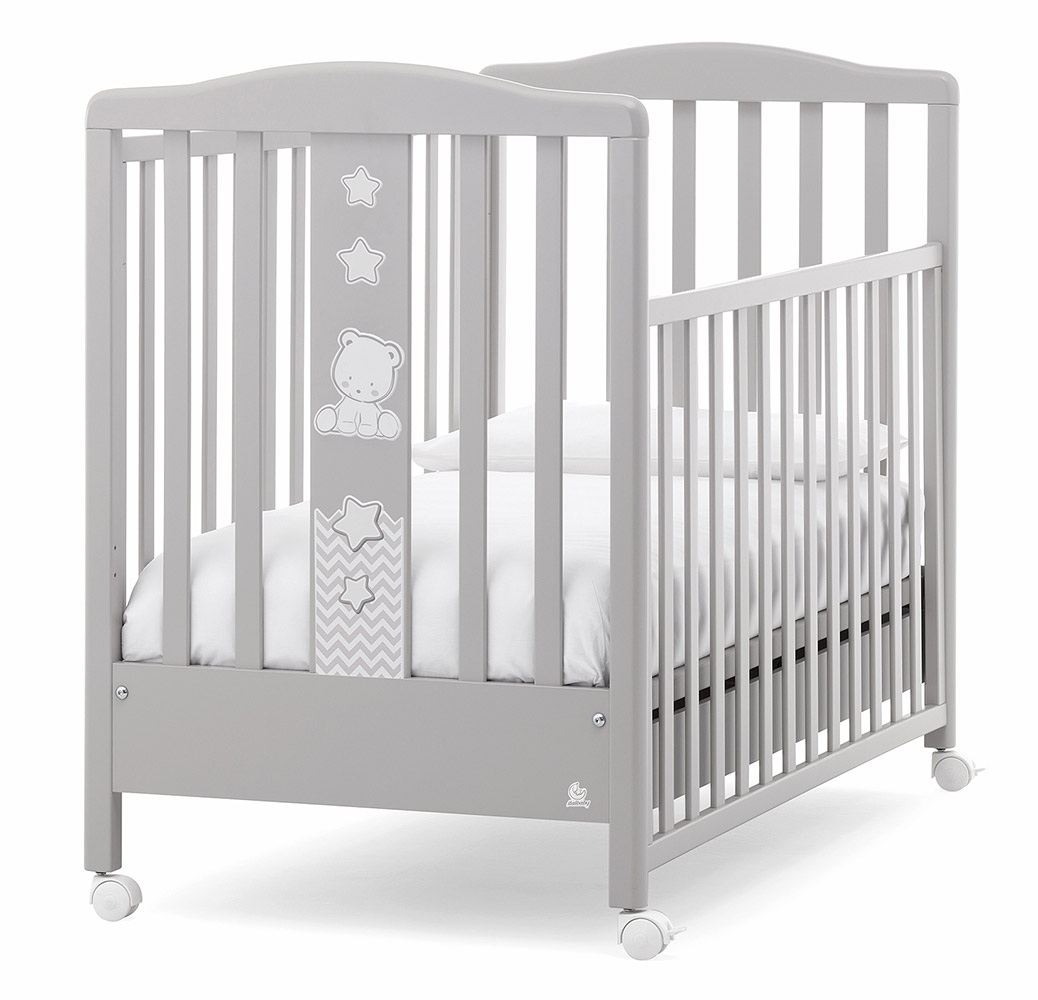 Culla moderna Teddy con ruote, finitura Grigio con decori in tinta