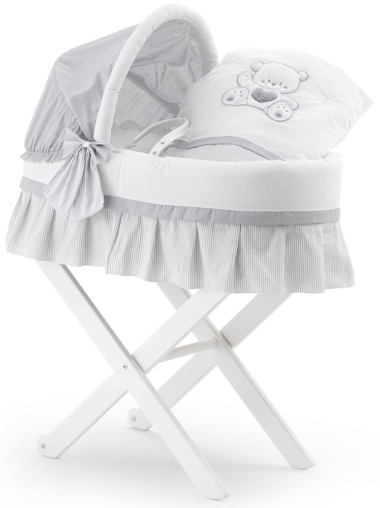 Culla Mr.Bear bianca e grigia con ruote, decori con orsetti