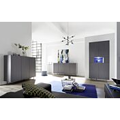 Sala completa con Madia alta, madia 3 e 4 ante con piedini, finitura grigio gessato