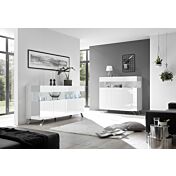 Sala moderna composta da Madia 2 e 3 ante, finitura bianco lucido, piedino in ferro e interni bianchi opachi