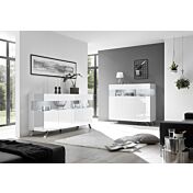 Sala moderna composta da Madia 2 e 3 ante, finitura bianco lucido, piedino in ferro e interni bianchi opachi