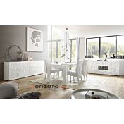 Sala moderna completa di tavolo, madia 4 ante e madia 2 ante 2 cassetti, finitura bianca serigrafata
