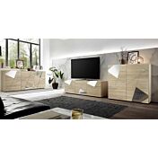 Soggiorno moderno con 2 madie e un porta Tv in finitura Rovere samoa con specchi