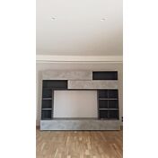 Grande parete attrezzata moderna con libreria, 2 ribalte e vasistas, finitura Bianca e Beton