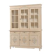 Cristalliera in legno finitura avorio pennellato con decori, con 3 porte, 3 cassetti e 3 ante