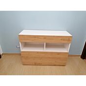 Madia economica moderna, 1 anta ribalta 1 cassetto, finitura Bianco lucido e Rovere cadiz