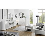 Sala moderna completa di tavolino, madia 2 ante e madia 2 ante 4 cassetti, finitura bianca serigrafata