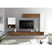 Soggiorno Zenzero, parete attrezzata con con ribalte, pensili, cubi e vani a giorno, bianco lucido, mercure e noce dark