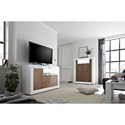 Soggiorno moderno composto da Madia porta tv e Madia Alta, finitura Bianco Lucido e Noce Dark