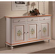 Credenza in legno finitura laccato bianco con decori, con 3 porte e 3 cassetti 158x103