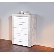 Settimino Moderno di Design, colore cemento e bianco lucido, composto da 5 cassetti