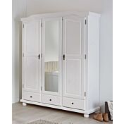 Armadio 2 ante, 4 ripiani + specchio, pino massello verniciato bianco
