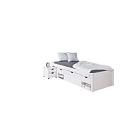 Ampio letto contenitore moderno e comodino con ruote in pino massello