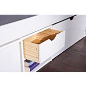 Ampio letto contenitore moderno e comodino con ruote in pino massello