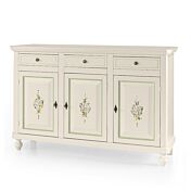 Credenza in legno, bianco opaco con decori, arte povera - cm 150x43