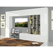 Parete attrezzata con ripiani in vetro e pensili a vasistas, finitura bianco e sabbia